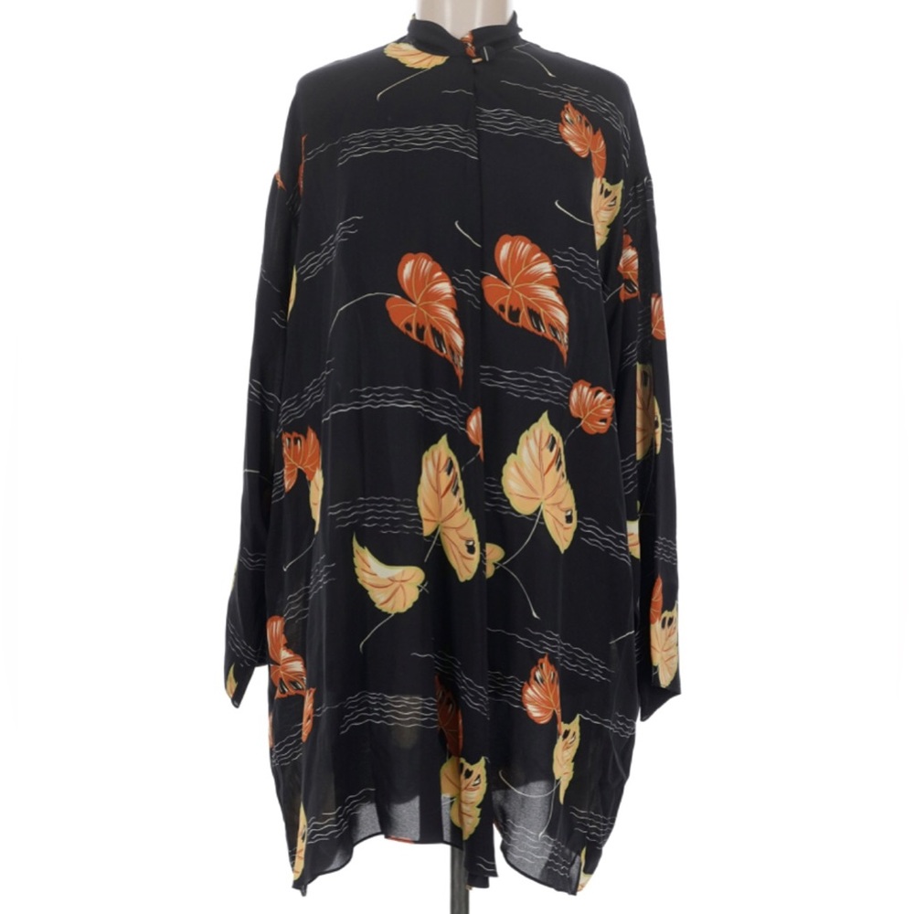 HARARI 100% Silk Leaf Printed Black Kimono Tunic One Button Top Asian LS Size L